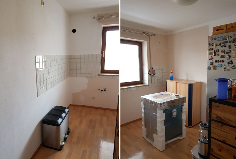 La cocina, antes de empezar, con solo dos muebles viejos y el clásico color salmón en las paredes.